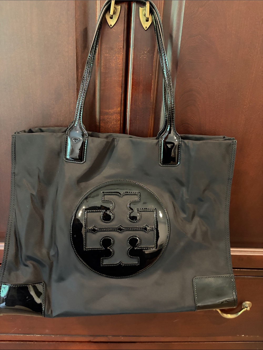Tory Burch Monogram Nylon and Patent Large Shopper Tote